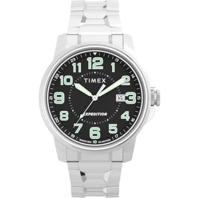 Abbildung von Timex Expedition Field Herren Armbanduhr, 40 mm, dehnbares Edelstahlarmband, schwarzes Zifferblatt, IP Stahlgehäuse TW4B31300