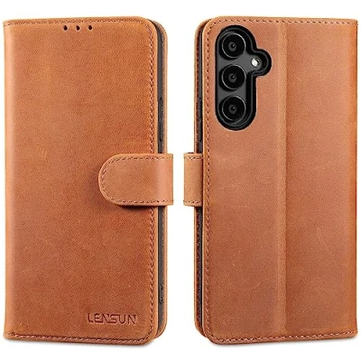 Abbildung von LENSUN Echtleder Hülle für Samsung Galaxy A34, Handyhülle [Echtes Leder][Magnetverschluss][RFID] Handytasche Lederhülle Flip Cover A34 5G Vintage Braun