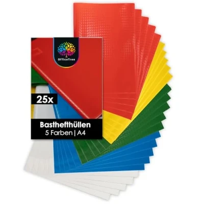 Abbildung von OfficeTree 25x Heftumschläge A4 Bunt 5 Farben Bastoptik Hefthüllen inkl. 25 Etiketten Schutz Umschläge Heft für Schule &amp; Büro Hefteinband wasserabweisend Umschlag