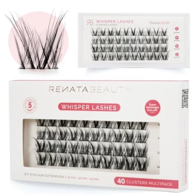 Abbildung von Renata Beauty Whisper Wimpern 40er Multipack, Verschiedene Längen (10mm, 12mm, 14mm), Dezente C Krümmung, Natürlicher Look, Einfach Anzubringen, Perfekt für Sanfte, Tägliche Augenakzente