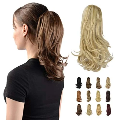 Abbildung von Sofeiyan 33cm Pferdeschwanzverlängerung Langer Lockiger Pferdeschwanz Clip in Klaue Haarverlängerung Natürlich Aussehendes Synthetisches Haarteil für Frauen, Hellblond Mix Bleichblond Gleichmäßig