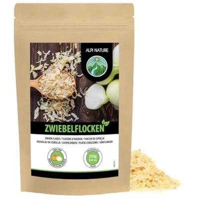 Abbildung von Zwiebelflocken getrocknet (250g), Zwiebeln geschnitten 5 30mm, Zwiebelstücke, Zwiebel und gehackt, Naturprodukt, frei von Zusatzstoffen, ideal für Gemüse, Nudeln, Suppen, Fleisch Fisch
