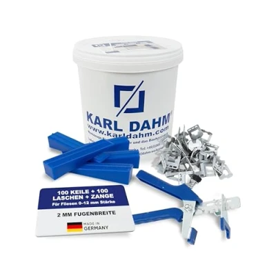Abbildung von Karl Dahm Fliesen Nivelliersystem für 2 mm Fugen: Nivellier Zange + 100 Keile Zug Laschen Fliesenstärke 0 12 I Professionelle Verlegehilfe 12053