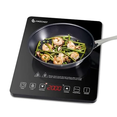 Abbildung von AMZCHEF Induktionskochplatte,2000W Einzelinduktionskochfeld mit schlankem Design, 20 Leistungsstufen,20 Temperatureinstellungen, Sicherheitsverriegelung,3 Stunden Timer, Schwarz