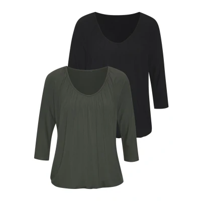 Abbildung von Lascana 3/4ARM 2 PACK Langarmshirt, Damen, Größe: 32/34, Graugrün, schwarz
