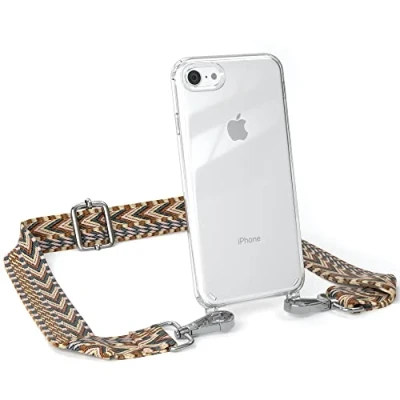 Abbildung von EAZY CASE Handykette Verstellbares Taschenband kompatibel mit iPhone SE (2022/2020) / 8/7, Schulterriemen, Handykordel Silikon Hülle, Umhängetasche, Hell Braun/Braun Clips Silber