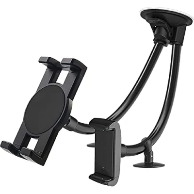 Abbildung von Autohalterung für Dual Handy oder Tablet, woleyi Windschutzscheibe Auto Tablet Handyhalter mit Lang Arm Saugnapf iPad Pro 9,7, 10.5, 11 Air Mini, Tabs, iPhone, mehr 4 11&quot; Handys und Tablets