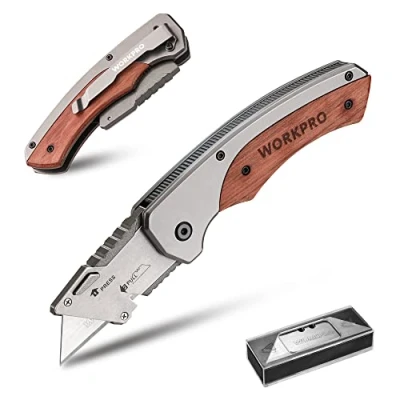 Abbildung von WORKPRO 2 tlg. Klappmesser Taschenmesser Set mit Holzgriff, Schnell öffnendes Einhandmesser &amp; Klappbares Universalmesser, Inkl. 10 SK5 Ersatzklingen, Für Indoor und Outdoor