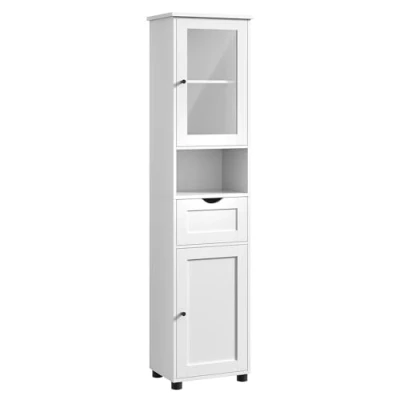 Abbildung von VASAGLE Badezimmerschrank, Badschrank, Hochschrank, offenes Fach, Glastür, schmal, Badezimmermöbel, Badmöbel mit Füßen, höhenverstellbare Ablagen, platzsparend, wolkenweiß BBK163W01