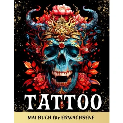 Abbildung von Tattoo Malbuch für Erwachsene: Ausmalbuch Männer und Jugendliche mit Designs, Horror, Schädeln Rosen, zur Entspannung, Stressabbau Inspiration