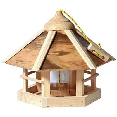 Abbildung von dobar® 21391e Vogelfutterhaus Camouflage Vogelfutterstation aus Holz Vogelhaus zum Hängen inkl. Futtersilo Kompakte Vogelvilla 35 x 29 cm Natur Geflammt