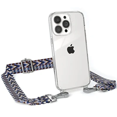Abbildung von EAZY CASE Handykette Flexibler Trageriemen kompatibel mit iPhone 13 Pro, Schultergurt zum Umhängen, Riemen, Band austauschen, Wechselgurt, Blau/Weiß Metall Silber