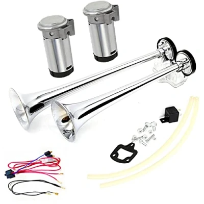 Abbildung von YIYIDA Lufthorn 165DB Autohupe Hoher und tiefer Ton Silbernes Doppelrohrhorn Chrom Zink Dual Trompete Auto Horn mit zwei Luftpumpen laut Lautsprecher für jeden 24V LKW Boot Vans RV Truck Moto ect