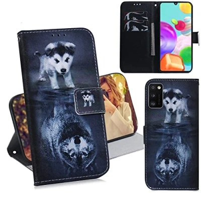 Abbildung von DodoBuy Samsung Galaxy A41 Hülle Flip PU Leder Schutzhülle Handy Tasche Case Cover Wallet Standfunktion mit Kartenfächer Magnetverschluss für Hund Wolf