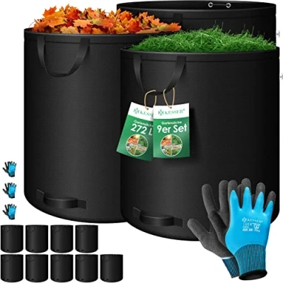 Abbildung von KESSER® Gartensack 9X 272L Set Laubsack Gartenabfallsack inkl. Handschuhe Selbststehend 4 Griffe Stabil Robust &amp; Faltbar Laubsäcke Rasenschnitt Gartensäcke für Gartenabfälle Grünschnitt Schwarz