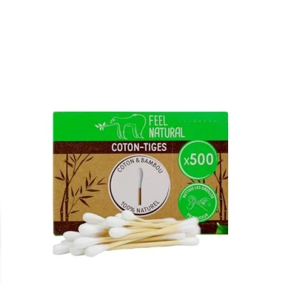 Abbildung von Wattestäbchen aus Bambus Box mit 500 weiß Feel Natural Ohrhygiene, Make up einer einfachen Öffnung biologisch abbaubare Alternative zu Baumwolle, Schaft Kunststoff