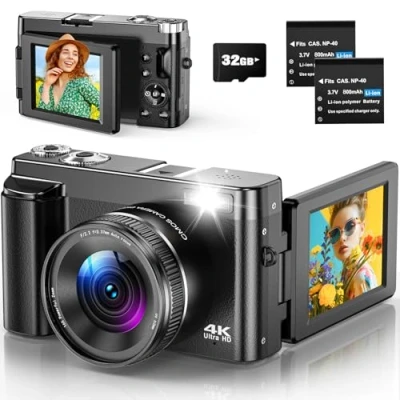 Abbildung von Digitalkamera 4K Kompakte 48MP mit Autofokus, 3 180 Klappbildschirm, 16X Digitalzoom, 32GB Speicherkarte, 2 Akkus für Anfänger und Jugendliche