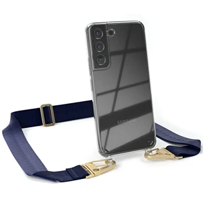 Abbildung von EAZY CASE Hülle mit Band kompatibel Samsung Galaxy S22 5G Handyhülle Umhängeband für Silikonhülle Transparent Schutzhülle Handykette zum Umhängen Handykordel Smartphone Blau Gold