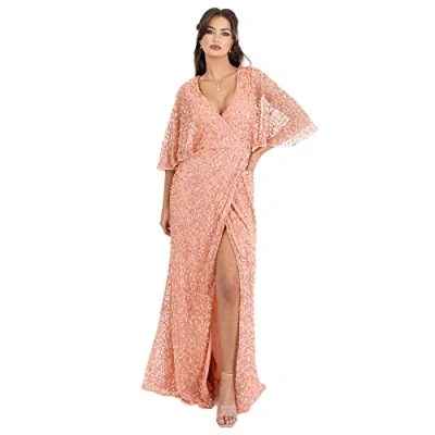 Abbildung von Maya Deluxe Damen Womens Maxi Ladies Sequin Embellished Wrap A Line Dress for Wedding Guest Bridesmaid Evening Prom Ball Occasion Kleid, Apricot Blush, 48