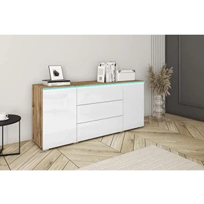 Abbildung von Minio Kommode mit Schubladen und Türen Veve, Sideboard Wohnzimmer Schlafzimmer 150 cm Breit, Wotan Eiche/Weiss Hochglanz, Ohne LED Beleuchtung