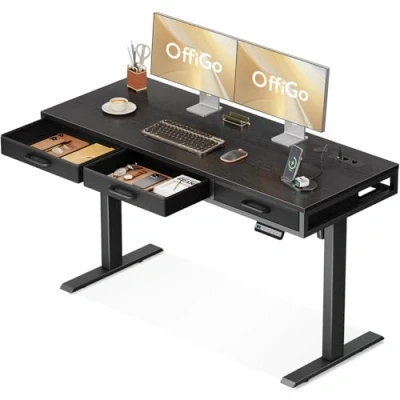 Abbildung von OffiGo Schreibtisch Höhenverstellbarer mit Schubladen, Elektrischer Steckdose, 140cm Tisch Verstellbarer Computertisch, Stehpult,Höhenverstellbarer Schreibtisch, Schwarz