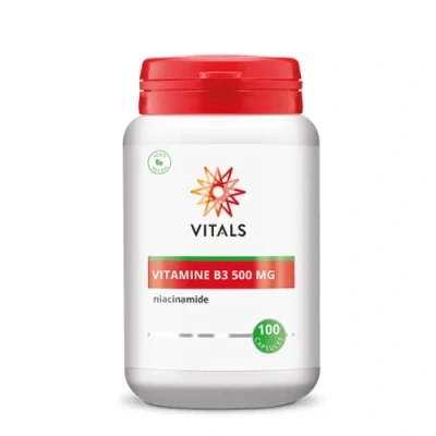 Abbildung von Vitals Vitamin B3 500 mg 100 Kapseln. hohe Dosis Niacinamid in reiner Form. 100% Vegan. Führt nicht zu einem Niacin Flush (einer Rötung). Enthält eine