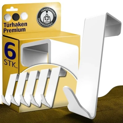 Abbildung von Menz Premium Türhaken zum Einhängen, 6er Set Einzeln verwendbare Kleiderhaken Tür aus Edelstahl, hochwertige Türgarderobe Weiße Haken Türhakenleiste mit hoher Tragkraft