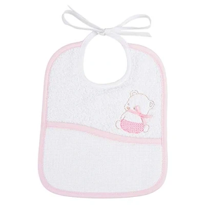 Abbildung von FILET 2201ROSE, Lätzchen aus weichem Frottee 100% Baumwolle mit Tasche Aida Stoff zum Sticken Kreuzstich, Stickerei Bär, Farbe Rosa/Weiß