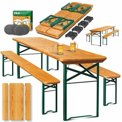 Abbildung von KESSER® Bierzeltgarnitur 3 teilig Gartenmöbel Set Klappbar 220 x 50 77cm 2X Bierbänke 1x Biertisch Festzeltgarnitur Stehtisch Sitzgarnitur Holz 16 teiliges Bodenschoner