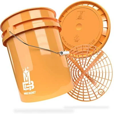 Abbildung von MAGIC BUCKET Auto Handwäsche Bundle Wascheimer Mit passendem Eimer Deckel 5 US GALLONEN ca. 20 Liter Grit Guard Eimereinsatz Schmutzsieb Waschset Orange/Orange