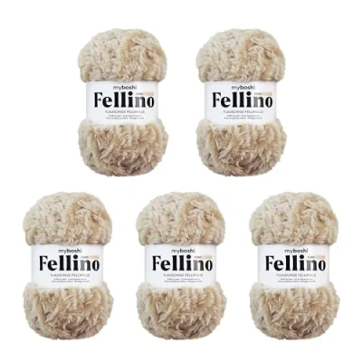 Abbildung von myboshi Fellino, Flauschige Fellwolle, zum Häkeln und Stricken, Teddywolle in Felloptik, super Bulky, 100g, Ll 65m Beige (Kiiro) 5 Knäuel