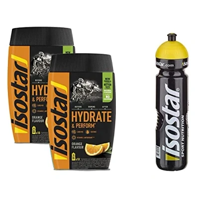 Abbildung von Isostar Hydrate &amp; Perform Orange 2x400g Pulver 2er Angebotspack + Original 1000ml Trinkflasche