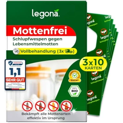 Abbildung von Legona® Schlupfwespen gegen Lebensmittelmotten 10 Karten à 3 Lieferungen Effektive Bekämpfung von Lebensmittel Motten Alternativer Mottenschutz zu Mottenfalle Lebensmittel, Mottenspray