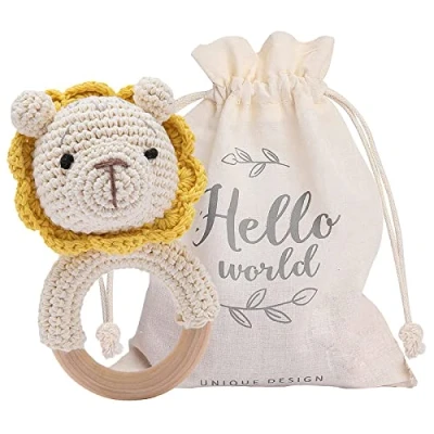 Abbildung von Youuys Babyrassel Gehäkelte Holz Häkeln Tiere Greifling Baby Rassel mit Sound Handmade für Neugeborenes Geschenk Junge und Mädchen zur Geburt (Hase)