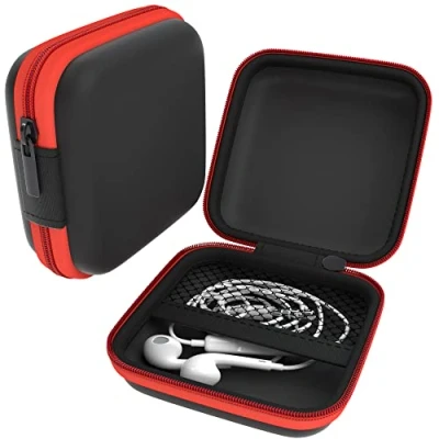 Abbildung von EAZY CASE Universal Tasche für In Ear Kopfhörer mit Netzfach Hardcase Aufbewahrungsbox, Schutztasche umlaufenden Reißverschluss, extra klein, eckig, Rot