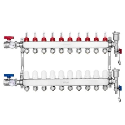 Abbildung von VEVOR 10 Heizkreise, Heizkreisverteiler Edelstahl, Kugelhähne mit G Gewinde für Zu und Rücklauf, 5 L/min Durchfluss, Fußbodenheizung, Verteiler 1/2 Zoll Adaptern Durchflussmesser