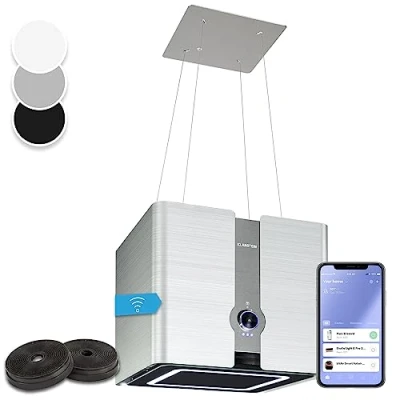 Abbildung von Klarstein Futurelight Smart Dunstabzugshaube freihängend Abzugshaube Umluft mit 420m3/h Abluftleistung, Inselhaube LED Beleuchtung, Edelstahl, silber
