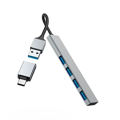 Abbildung von Hama USB Hub mit Adapter, 4 Ports C und A Stecker, Slim, grau Adapter Typ A, zu 15 cm