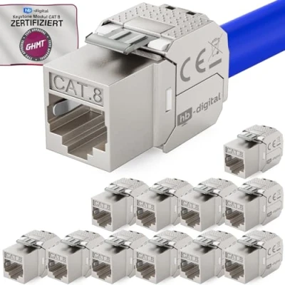 Abbildung von HB DIGITAL 12x CAT 8 Keystone RJ45 Modul Buchse für LAN Kabel GHMT Zertifiziert 40 Gbit/s bis 2000 MHz AWG 22 26 werkzeuglos LSA vollgeschirmt STP Einbaubuchse Patchpanel und Netzwerkdose
