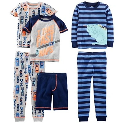 Abbildung von Simple Joys by Carter&#039;s Baby Jungen 6 Piece Snug Fit Cotton Pajama Set Pyjamaset, Grau Autos/Marineblau Streifen/Textaufdruck, 18 Monate (3er Pack)