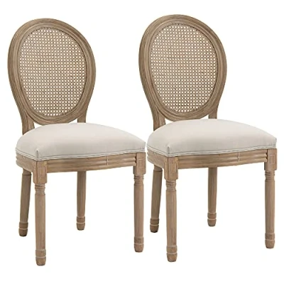 Abbildung von HOMCOM Esszimmerstuhl Küchenstuhl mit Rattan Rückenlehne (Polsterstuhl, 2 St), Cremeweiß+Natur 49 x 56 96 cm