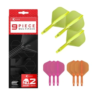 Abbildung von Target Darts K Flex Integrated Dart Flights and Shafts, Kurzer Stiel (19 mm), Nr. 2 Flug, 9er Pack, Neonpink, Orange &amp; Gelb