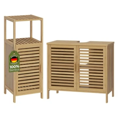 Abbildung von Bellamio Badmöbel Set Newa, (2er Set, 1x Waschbeckenunterschrank, Hochschrank mit 4 Fächern), aus Bambus, natur lackiert