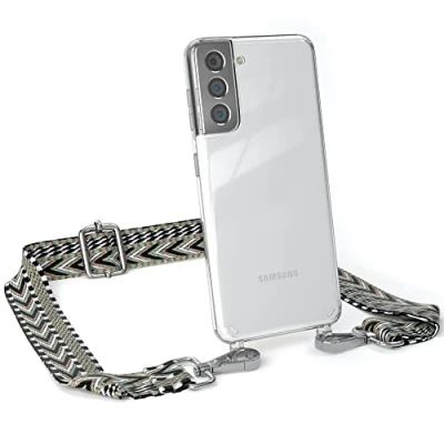 Abbildung von EAZY CASE Handykette Verstellbarer Trageriemen kompatibel mit Samsung Galaxy S21 5G, Handykordel Schutzhülle durchsichtig, Riemen für Handyketten, Grün/Schwarz Metall Silber