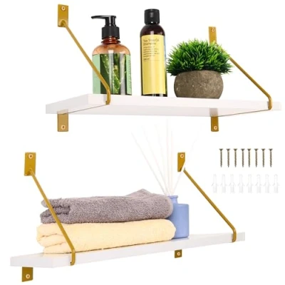 Abbildung von BELLE VOUS 2er Pack Holz Wandregal Wandbord Set für die Küche Büro Wohnzimmer Regal Bretter hängend 40cm L Küchenregal mit Metall Konstruktion Weiß Gold