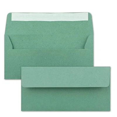 Abbildung von 50x Kraftpapier Umschläge DIN Lang Eukalyptus Grün Haftklebung 11 x 22 cm Brief aus Recycling PAPIER Vintage Kuverts von NEUSER