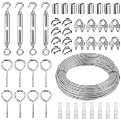 Abbildung von Drahtseil 3mm, 45 Stück 30M Edelstahl Set, 304 Stahlseil Ummantelt mit ösen Seilspanngarnitur, Spanndraht für Kletterpflanzen String Light Suspension Gardinenseil