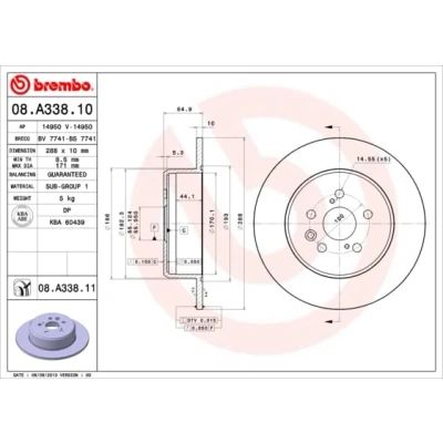 Abbildung von Bremsscheibe BREMBO 08A33811 hinten, voll, 1 Stück