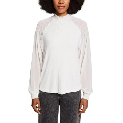 Abbildung von Esprit AUS Materialmix Langarmshirt, Damen, Größe: Small, Off white