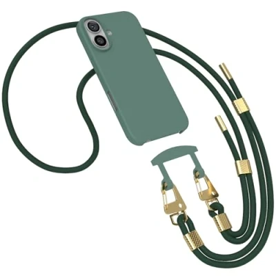 Abbildung von EAZY CASE Hülle mit Band kompatibel iPhone 16 Handyhülle für Schutzhülle Silikonhülle Mikrofaser stoßfester Fallschutz Handykette zum Umhängen 2in1 Handykordel Grün
